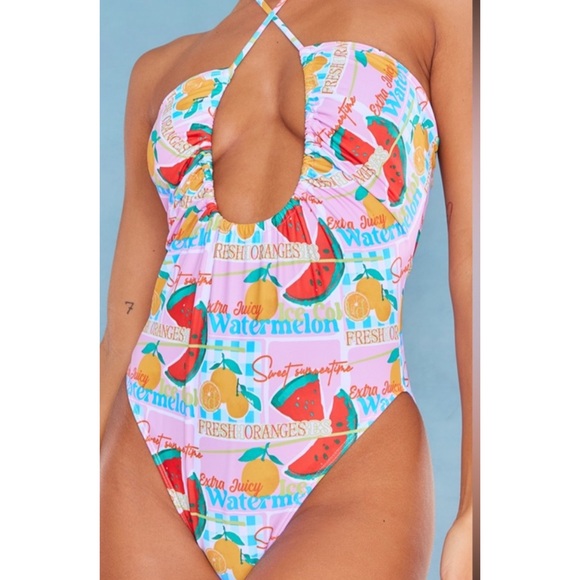 Pretty Little Thing Multi Contrast Fruit Print Scoop Neck Ruched Swimsuit US 4 - Picture 4 of 7